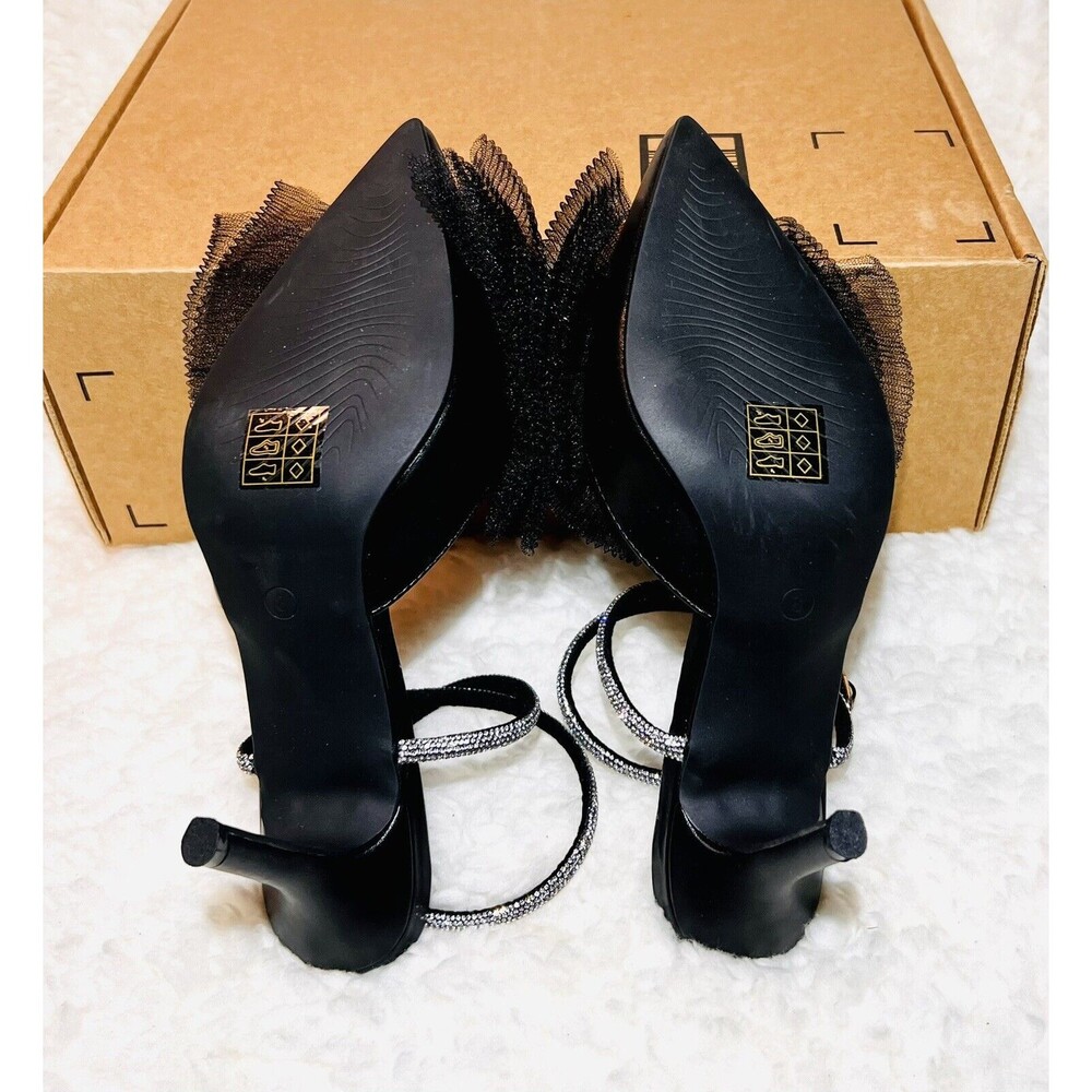 Perphy Women’s Rhinestone Mesh Bow Slingback Stiletto Heel Pumps - Black - 8 - Picture 7 of 8